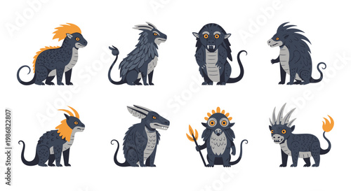 Collection of fantasy creatures sitting poses.