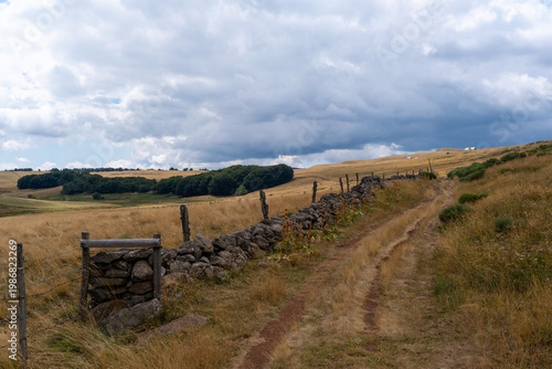 GR65 pilgrim trail crossing the Aubrac plateau, yellowed grass and dramatic cloudy sky, France