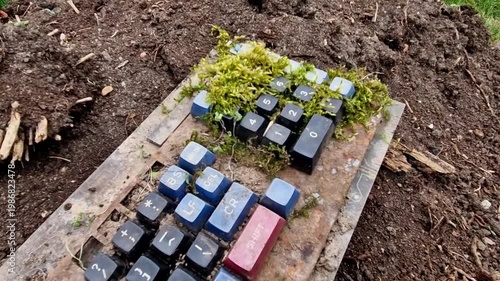 weathered, mechanical keyboard being overtaken by moss and soil. aesthetic solarpunk, clean it, do not plug it in. Powering up damp or corroded board will cause short circuit permanently fry rare chip