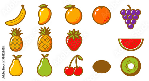 Colorful fruit icons on white background.