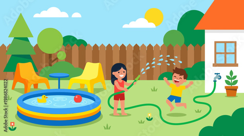 Children Playing With Water Hose In Backyard