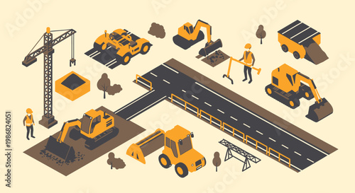 Construction workers with road building machines.