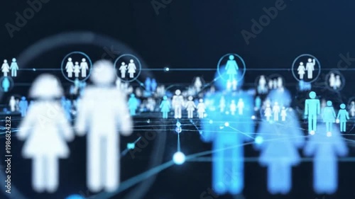 Abstract digital network connecting diverse people icons in a futuristic glowing blue and white data visualization