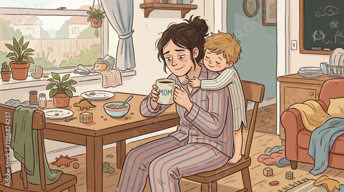 Mother And Child Enjoying Morning Coffee Together At Dining Table