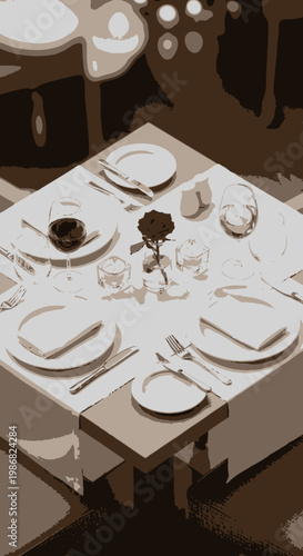 Dining table with white plates.