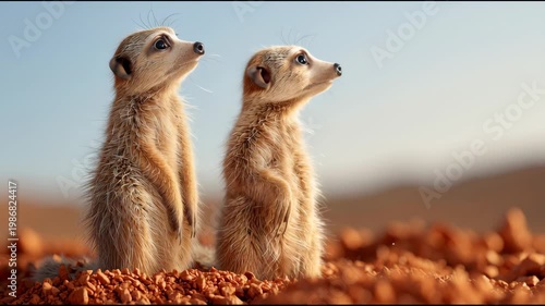 Two meerkats standing upright on reddish soil, gazing into the distance under a clear blue sky, showcasing their alertness and curiosity in a natural habitat