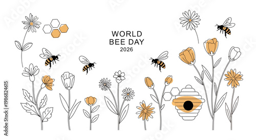 World bee day illustration flowers and bees vector graphic