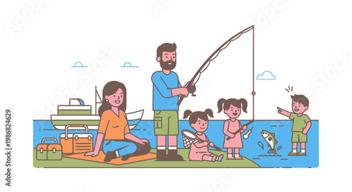 Family enjoying fishing together outdoors.