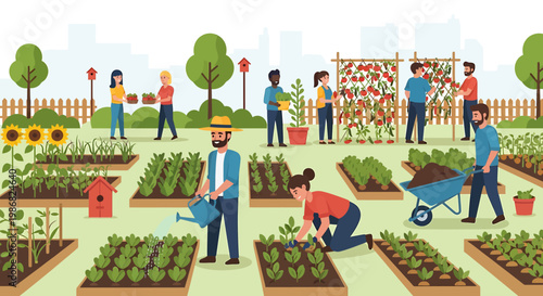 Community garden scene people cultivating plants growing food outdoors