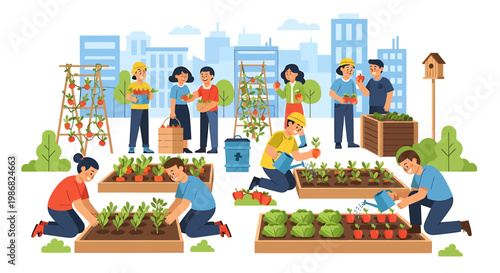 Community garden scene people planting vegetables urban agriculture