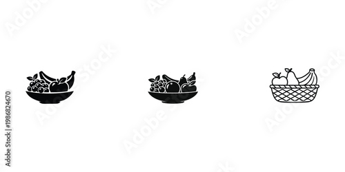 Fruit Bowl Icon Set – Solid Black and Outline Basket Vector Illustration