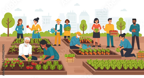 Community garden scene people harvesting vegetables fresh produce daytime illustration