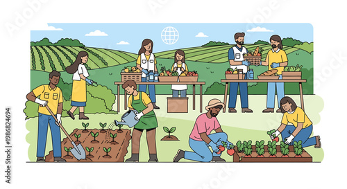 Community garden volunteers cultivating crops and sharing produce