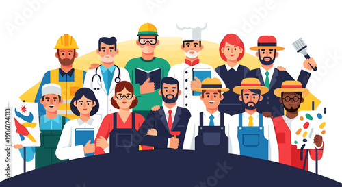 Diverse group of professionals representing various occupations vector illustration