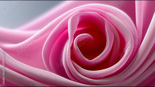 Pink silk fabric arranged in a spiral formation resembling a blooming rose, showcasing delicate folds and vibrant colors against a soft background