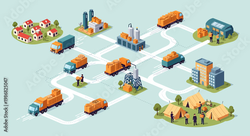 Logistics and transportation network illustration depicting delivery process and supply chain activities