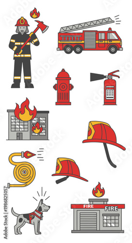 Firefighter equipment and fire truck icons.