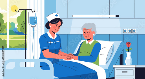 Nurse caring for senior patient in hospital room illustrated scene medical healthcare