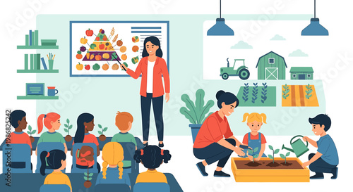 Nutrition education lesson with children teacher food pyramid vegetables fruits healthy eating concept