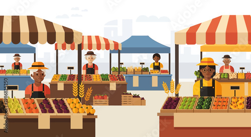Outdoor market scene with diverse vendors selling fresh produce under striped awnings colorful fruits vegetables illustration