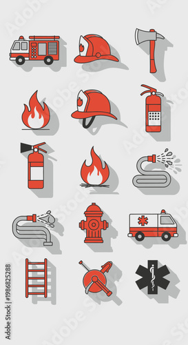 Firefighting tools and emergency vehicles icons.
