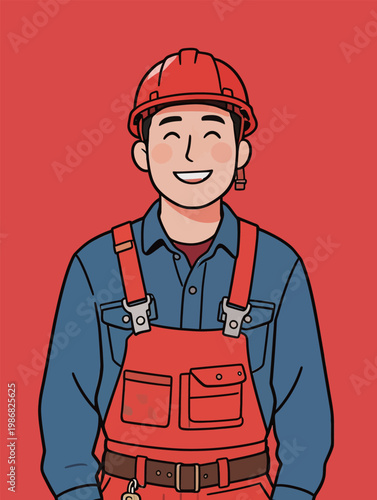 Happy Male Construction Worker in Red Overalls