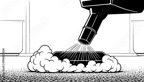A vacuum cleaner illustration sucking up dirt and dust with steam