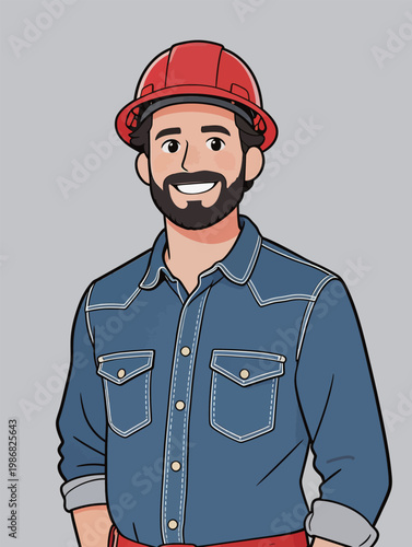 Male Construction Worker in Denim Shirt and Red Helmet