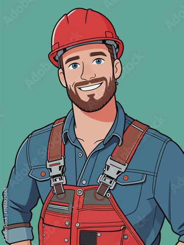 Smiling Male Construction Worker in Red Helmet