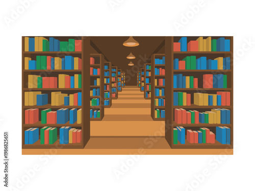 A long, narrow library aisle with rows of colorful books on wooden shelves and warm lighting