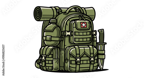 Green tactical backpack with gear.