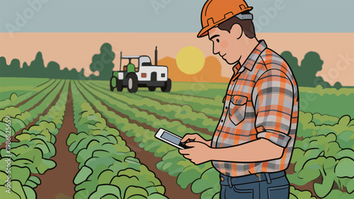 Farmer Using Mobile App in Agricultural Field