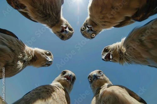 Low angle view of birds of prey in a circle huddle looking down at camera against blue sky