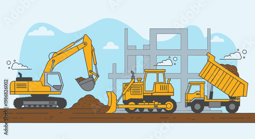 Heavy construction vehicles at work site.