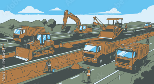 Heavy duty orange construction trucks.