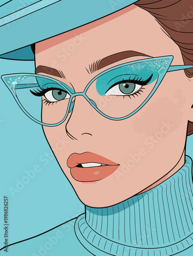 Retro Fashion Woman with Blue Glasses and Hat