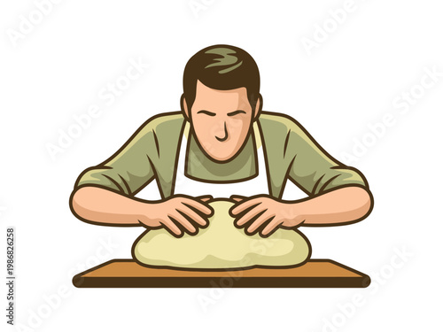 A man wearing an apron kneads dough on a wooden table in a cooking preparation scene