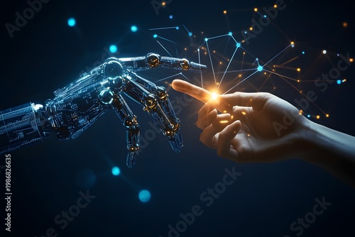 Close up of robotic hand reaching out to human finger with glowing connection on dark background with futuristic network.