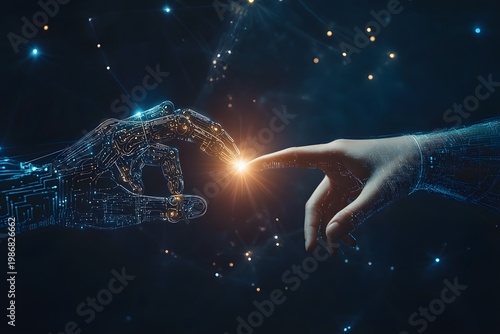 Connection between artificial intelligence and human hand with central glowing spark.