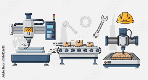 Industrial manufacturing equipment and tools illustration.