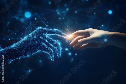 Digital abstract network with human hand and blue circuit hand connecting, bright light energy.