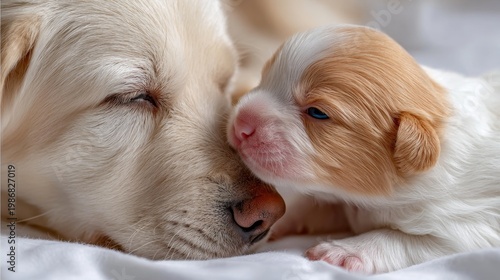 Mother dog nuzzling newborn puppy on soft blanket indoors