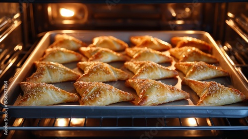 Sesame pastry turnovers baking on tray inside oven