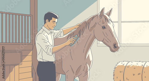 Man brushing horse in stable.