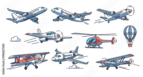 Collection of various aircraft and hot air balloon illustrations.
