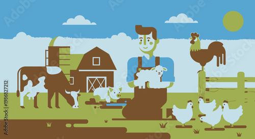 Man holding white goat on farm.