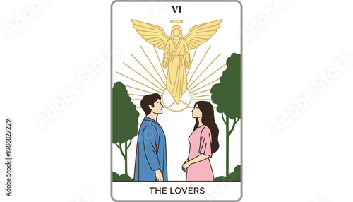The lovers tarot card illustration with angel and couple