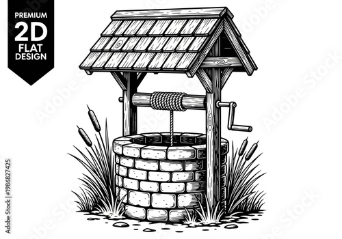 Vintage Stone Water Well Illustration in Woodcut Engraving Style, Antique Wishing Well with Wooden Roof and Crank