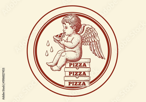 Vintage Cherub Cupid Eating Pizza Illustration - Retro Angel Logo Design for Pizza Delivery and Restaurants