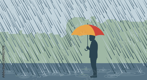 Man standing in rain with umbrella.